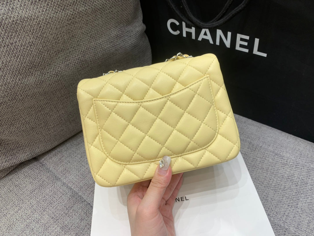 CHANEL MINI SQUARE FLAP BAG 17CM YELLOW LAMBSKIN SILVER HARDWARE