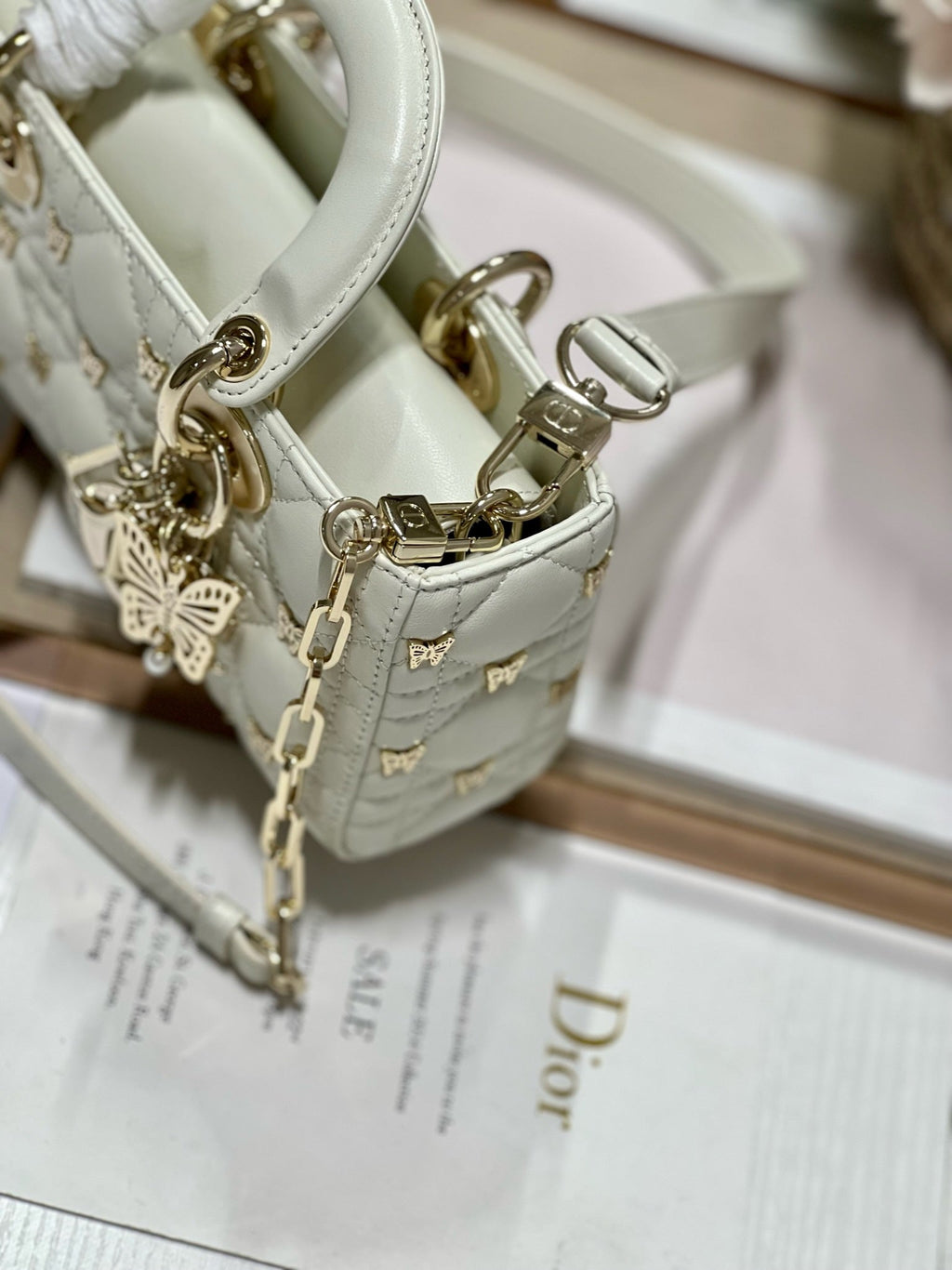 DIOR SMALL LADY D-JOY 22 BUTTERFLY STUD WHITE LAMBSKIN