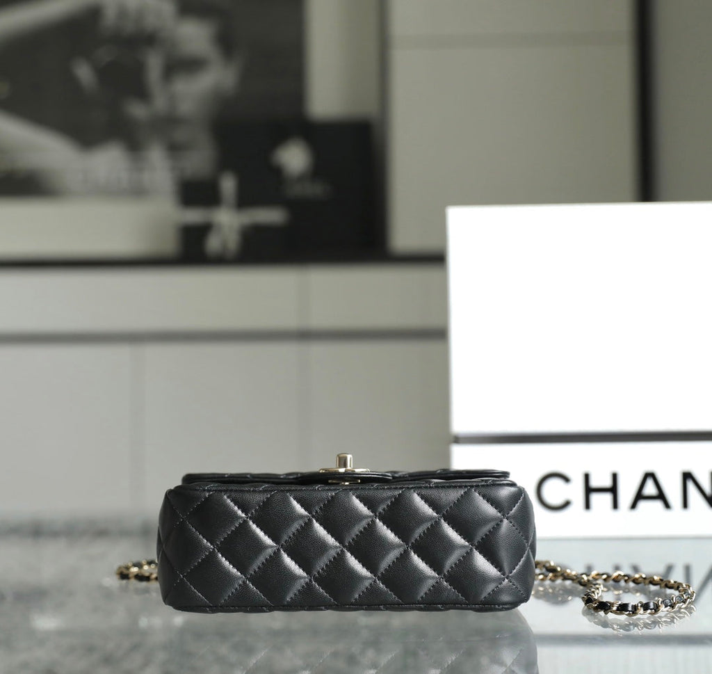 CHANEL MINI RECTANGLE FLAP BAG TOP HANDLE 20CM BLACK LAMBSKIN SILVER HARDWARE