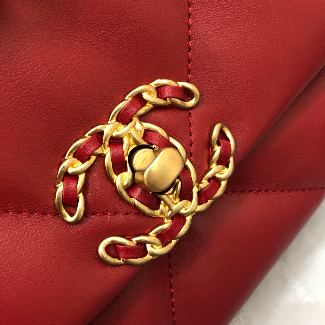 CHANEL 19 FLAP BAG 26 RED LAMBSKIN GOLD HARDWARE