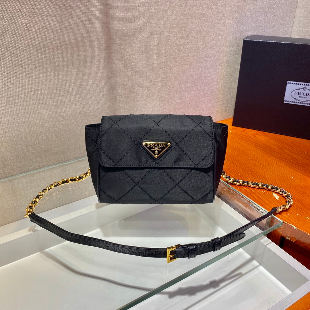 PRADA SMALL QUILTED FLAP BAG 18 IN BLACK RE-NYLON FABRIC GOLD CHAIN