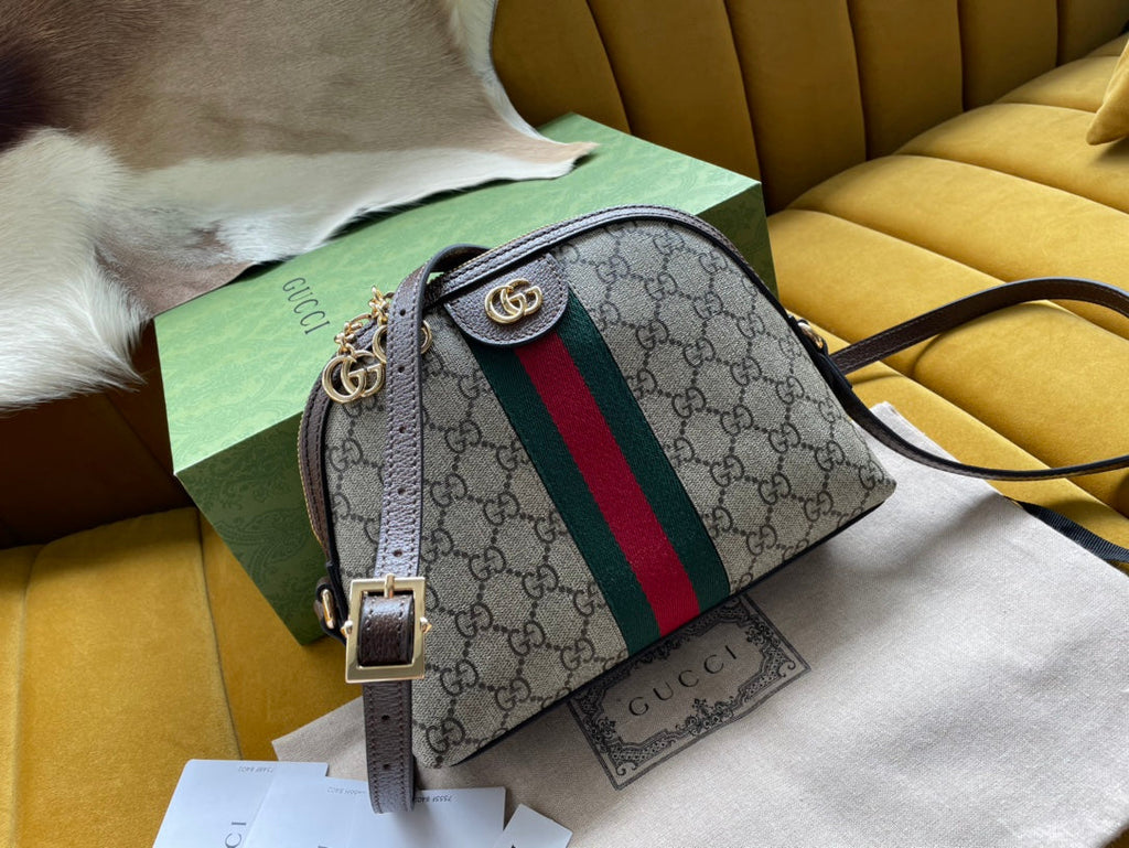 GUCCI OPHIDIA  MEDIUM 23 SHOULDER BAG BEIGE AND EBONY SUPREME CANVAS