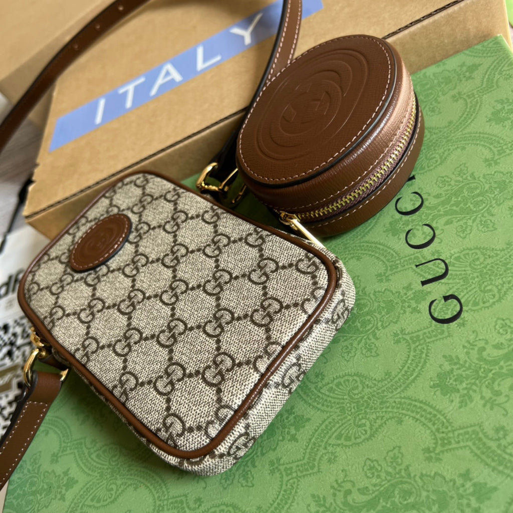 GUCCI MINI BAG 17 IN BROWN CALFSKIN AND BEIGE CANVAS