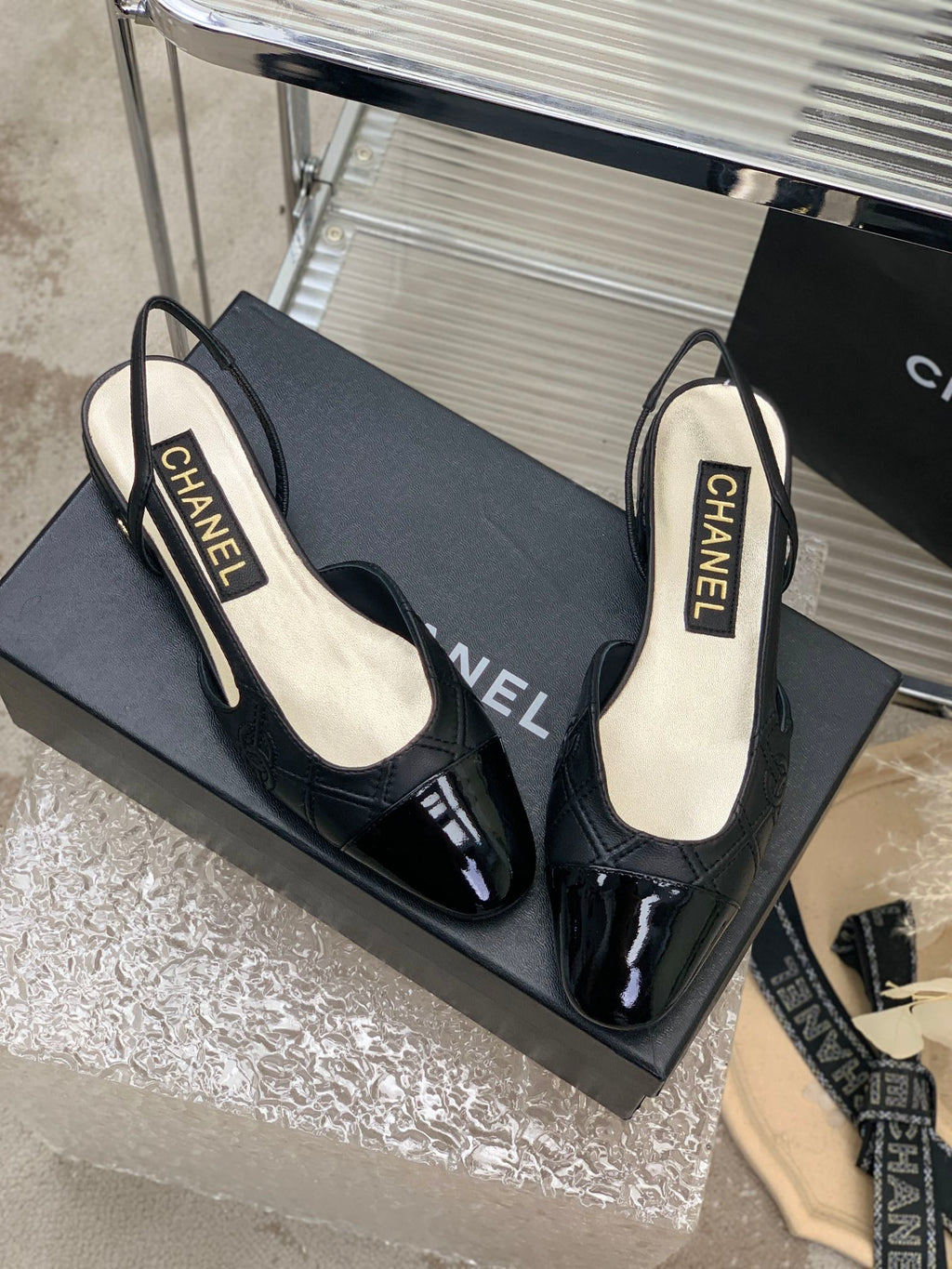 CHANEL SLINGBACKS 20 BLACK CALFSKIN
