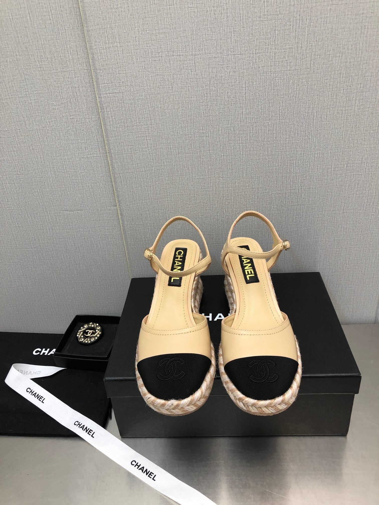 CHANEL MARY JANE WEDGE BEIGE CREAM LAMBSKIN