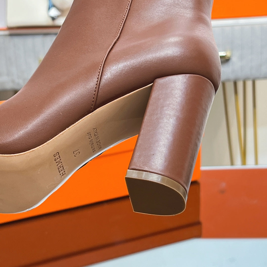 HERMES 25S SAINT GERMAIN ANKLE BOOTS 90 MM IN BROWN LAMBSKIN WITH SILVER HARDWARE