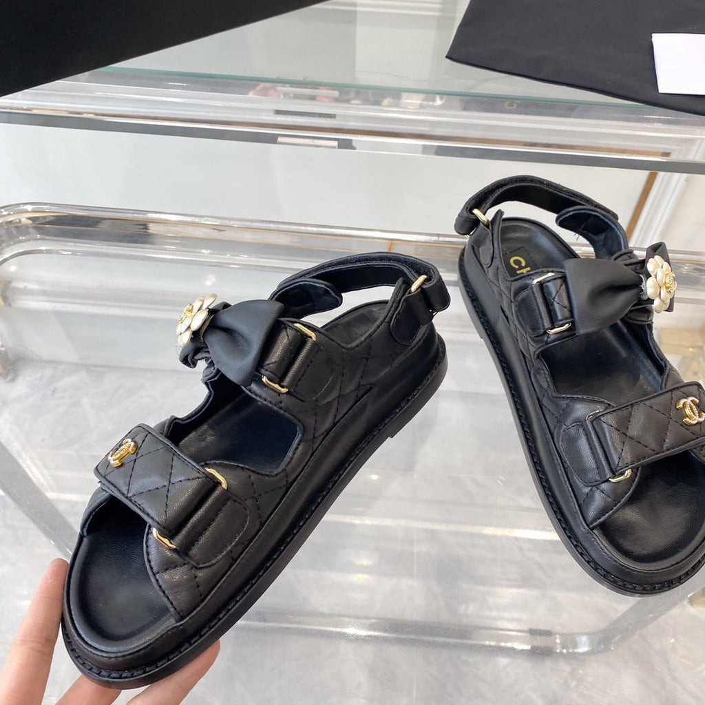 CHANEL dad sandals black lambskin