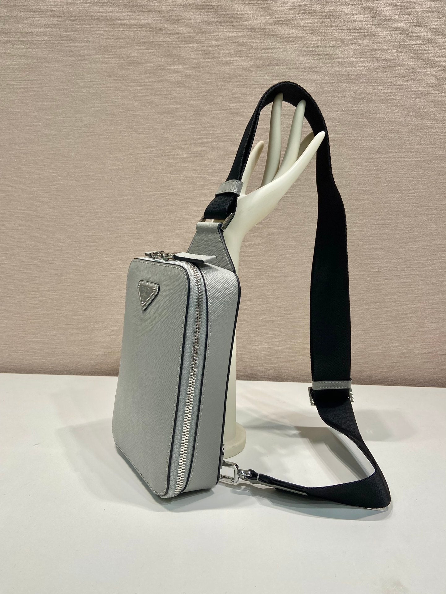 PRADA CHEST BAG 20 IN ECHO GRAY SAFFIANO LEATHER