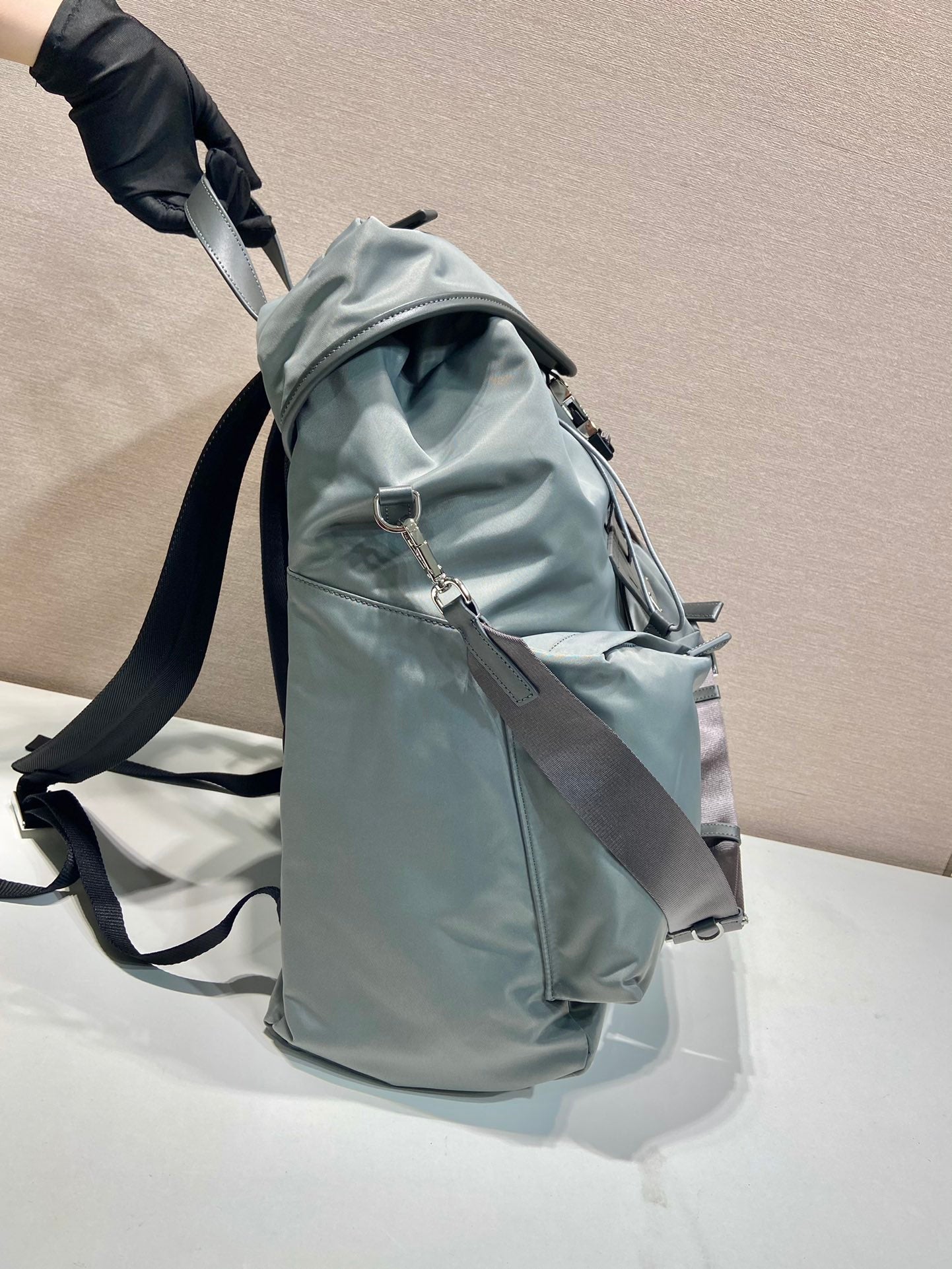 PRADA TRIANGLE LOGO BACKPACK 45 IN ASH GRAY RE-NYLON