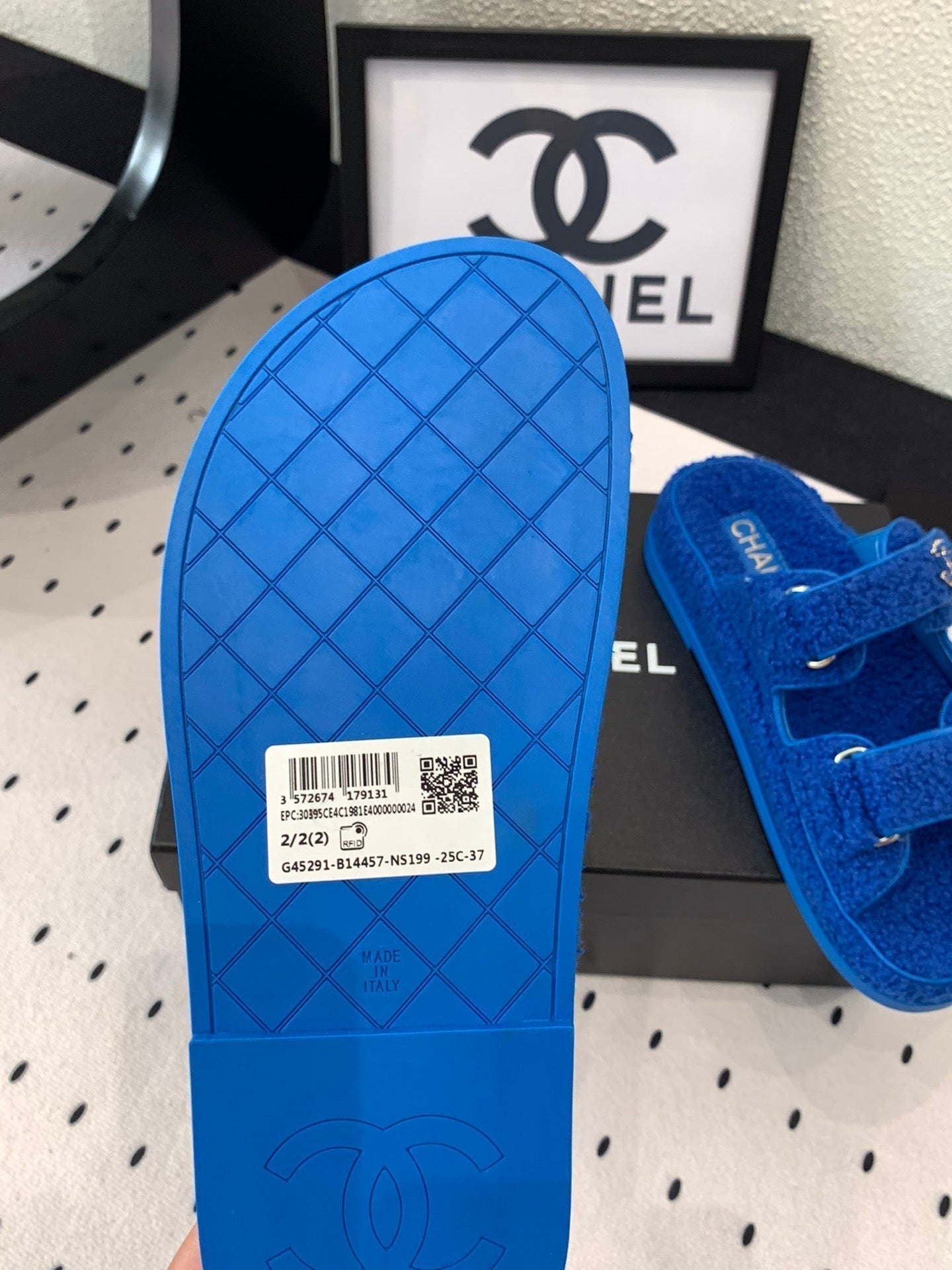 CHANEL DAD SANDAL MULE IN AZURE BLUE LAMB FUR