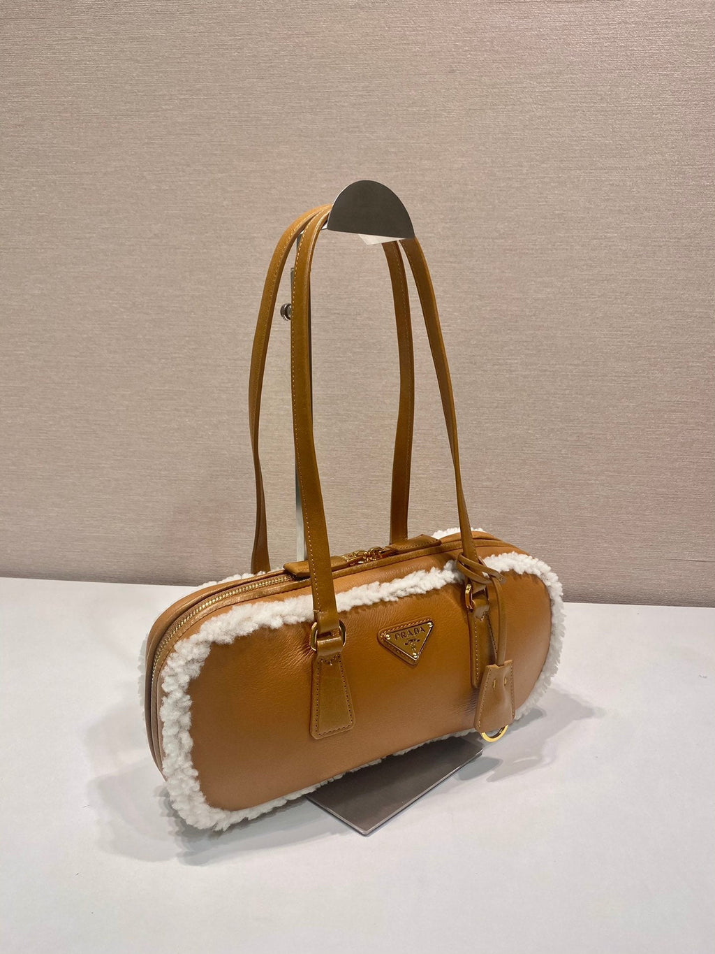 PRADA TOP HANDLE BAG 27 IN BRONZE BROWN SHEEPSKIN AND SHEARLING TRIM