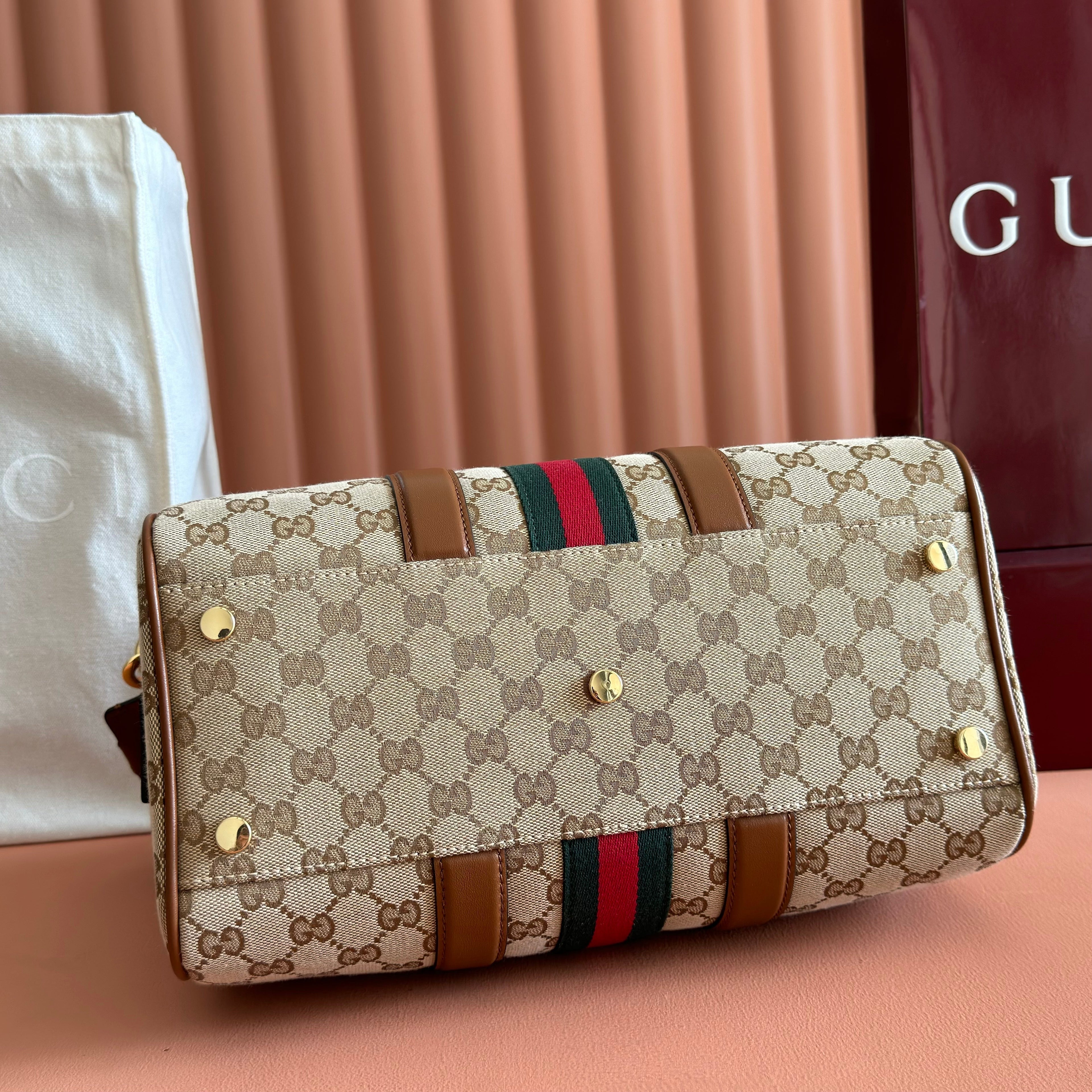 GUCCI 26S OPHIDIA MEDIUM BOSTON BAG 30 IN WARM BEIGE AND BROWN CANVAS