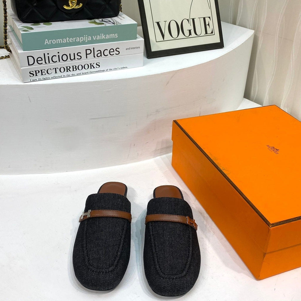 HERMES IENA MULE  BLACK CANVAS AND BROWN CALFSKIN