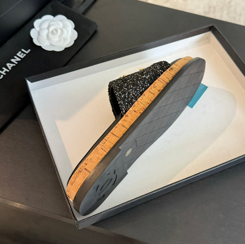 CHANEL Double C Wood Grain Platform Slippers Black Wool