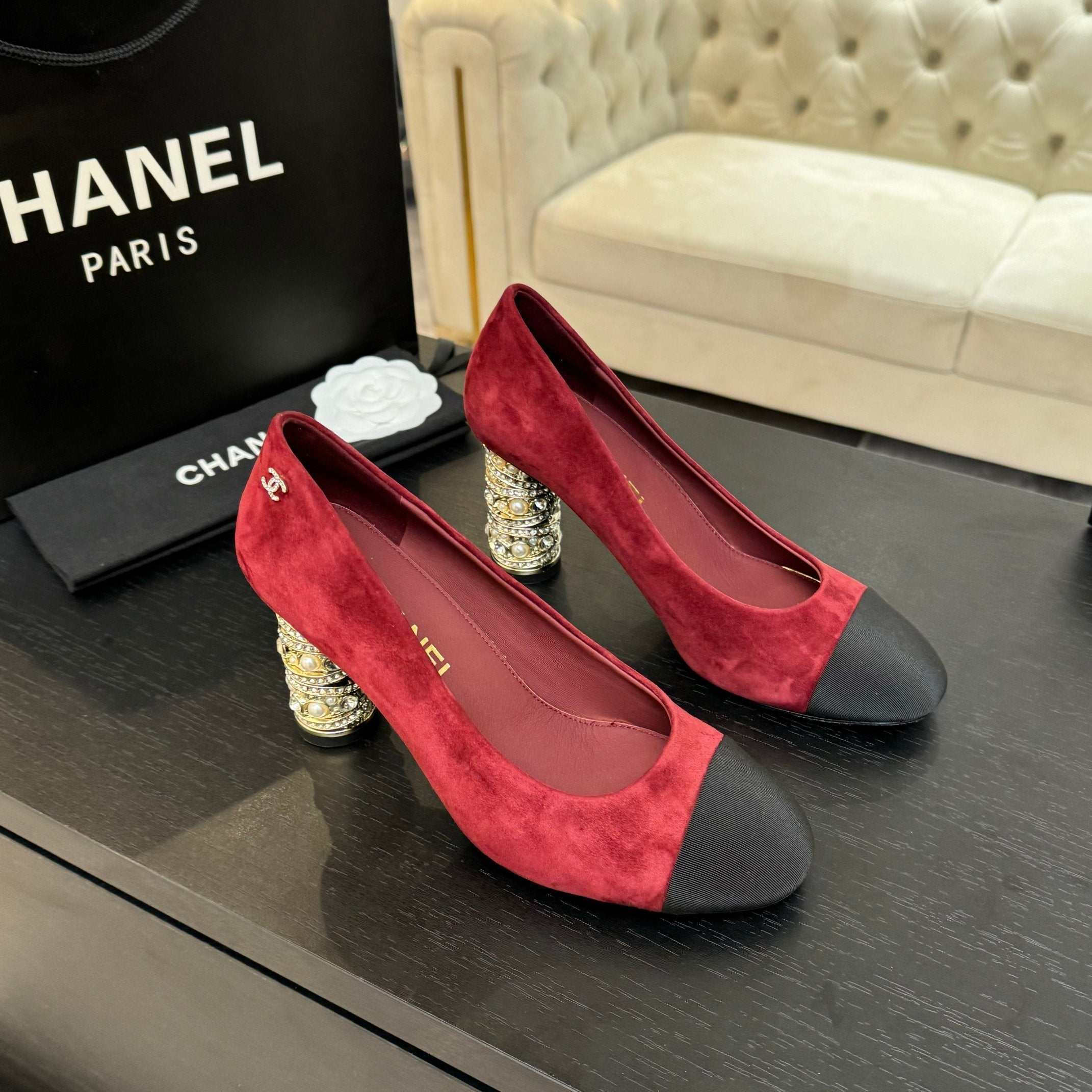 CHANEL HIGH HEEL 85 MM SANDALS IN RUBY RED SUEDE AND BLACK FABRIC