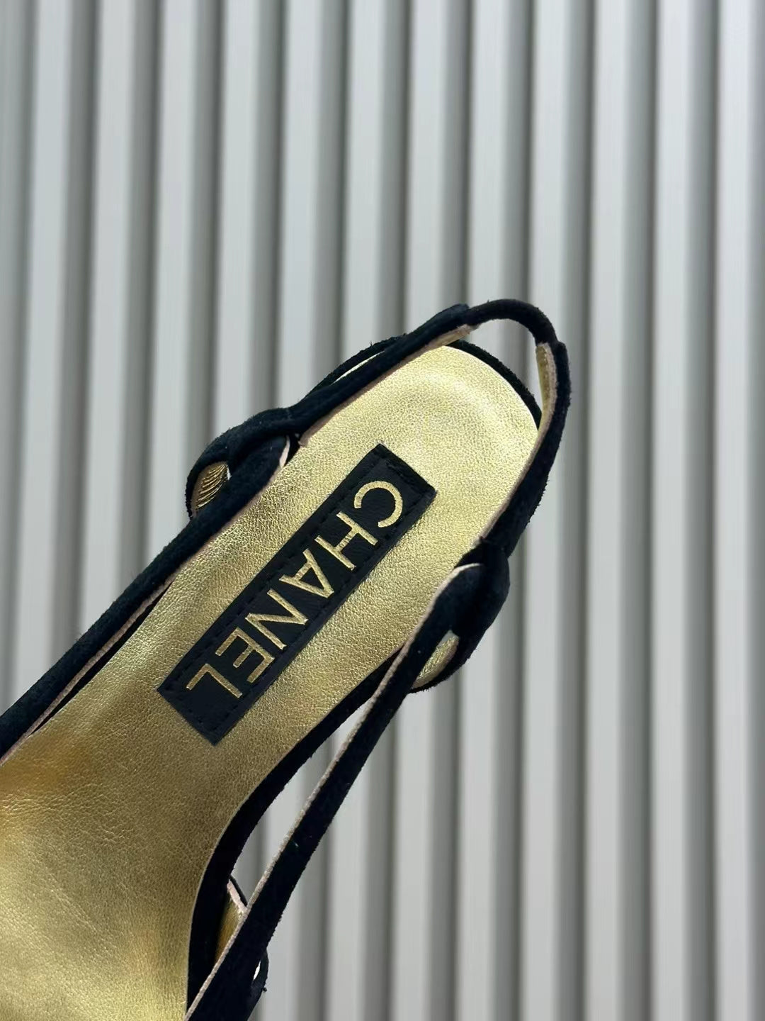 CHANEL SLINGBACKS IN BLACK SUEDE AND GOLDEN LAMBSKIN