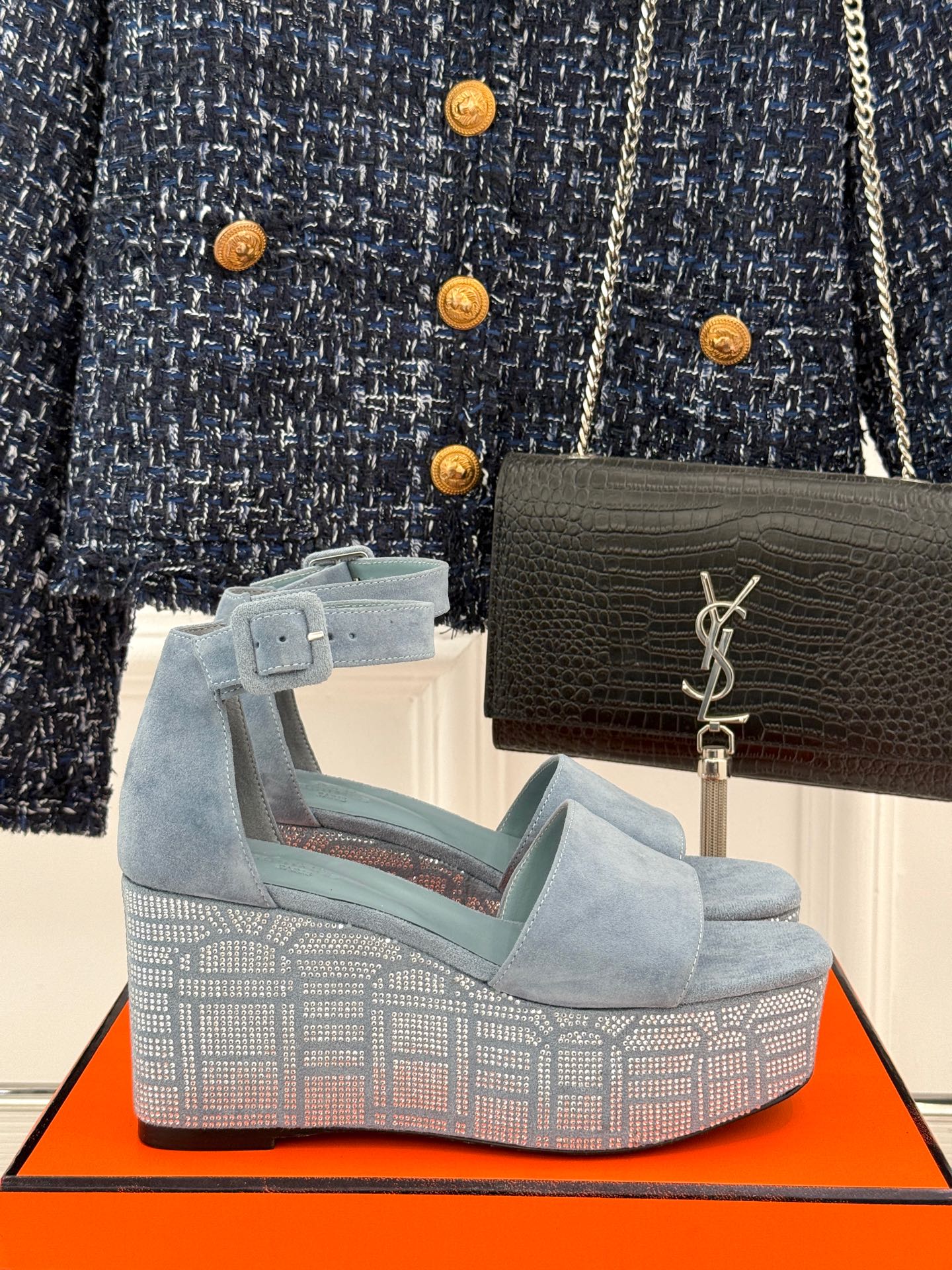 HERMES ILLUSION 35 SANDAL IN LIGHT BLUE SUEDE WITH RHINESTONE DETAILS