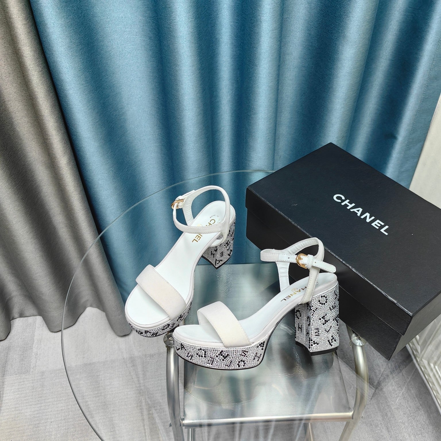 CHANEL Chunky Heel Rhinestone High Sandals White Lambskin