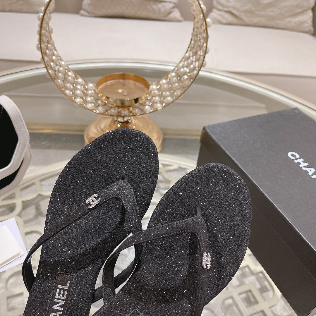 CHANEL Double  Rhinestone Flip  Flop Thongs Black Sheepskin