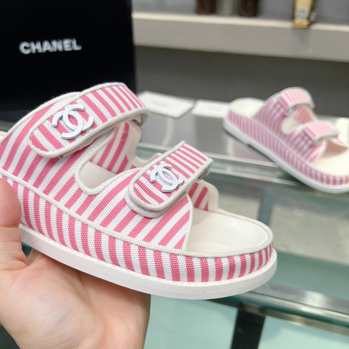 CHANEL Stripes Casual  Flat Sandals Light Pink White