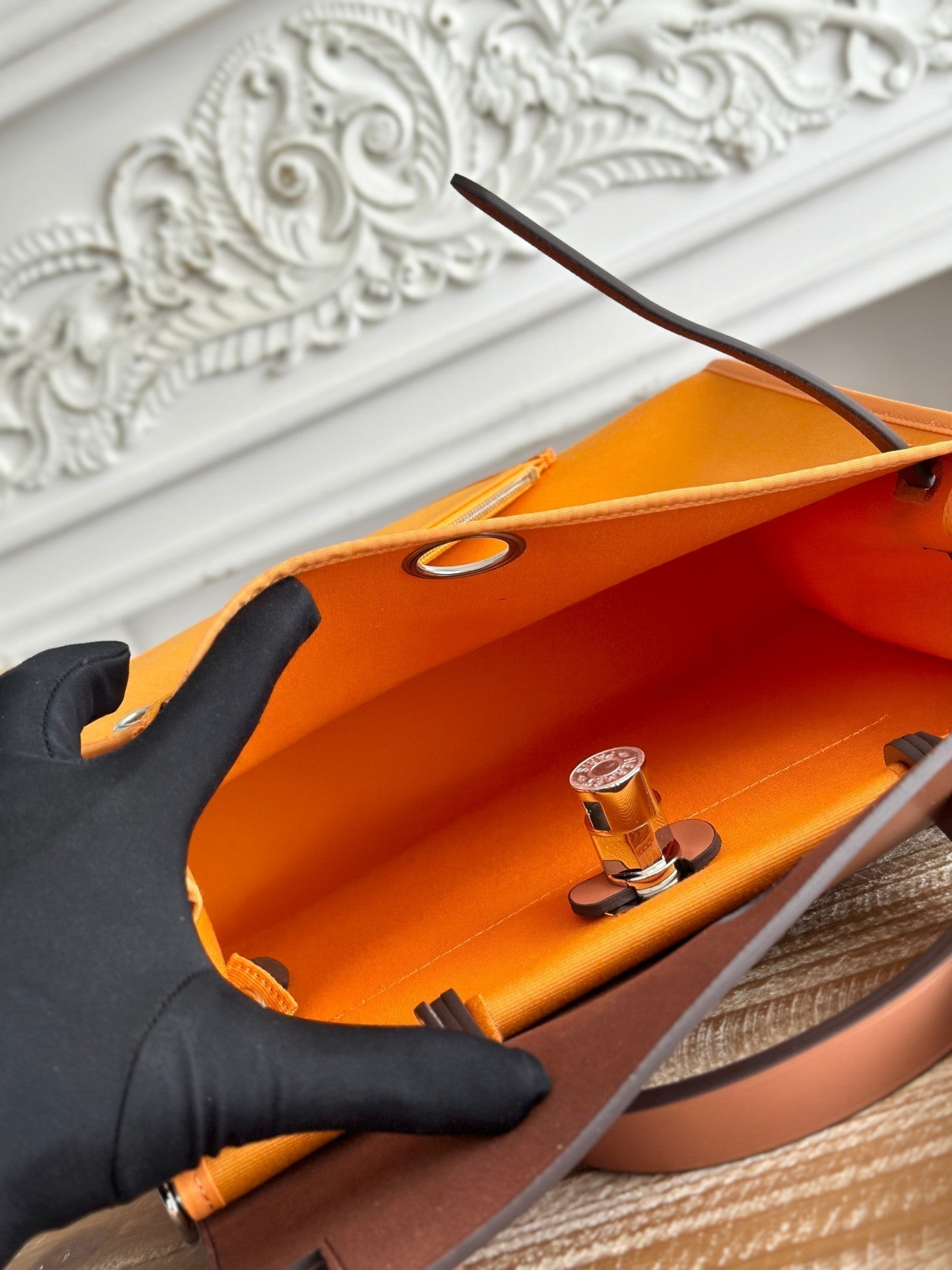 HERMES ZIP CABINE 31 BAG IN APRICOT ORANGE CANVAS AND BRONZE BROWN CALFSKIN