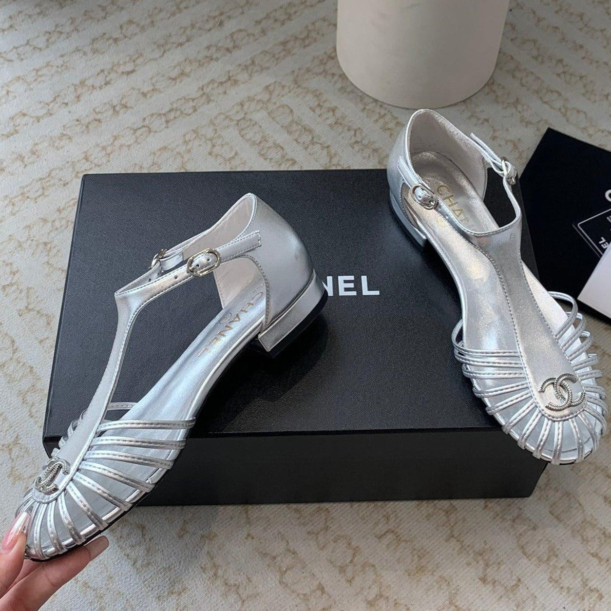 CHANEL Summer New Hollow Roman Sandals Silver Sheepskin