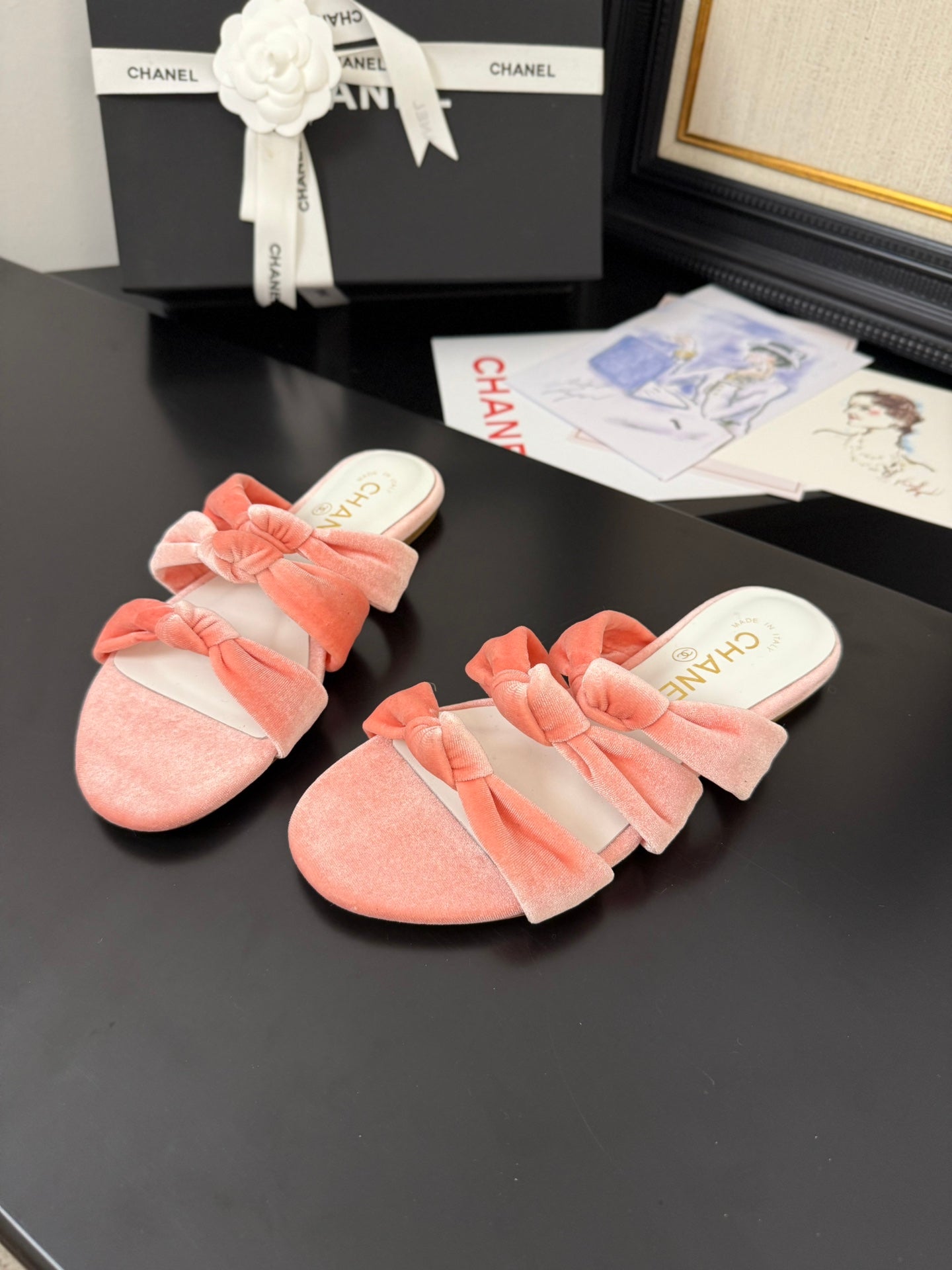 CHANEL 25C Three Strap Mule Pink Velvet fabric 233561