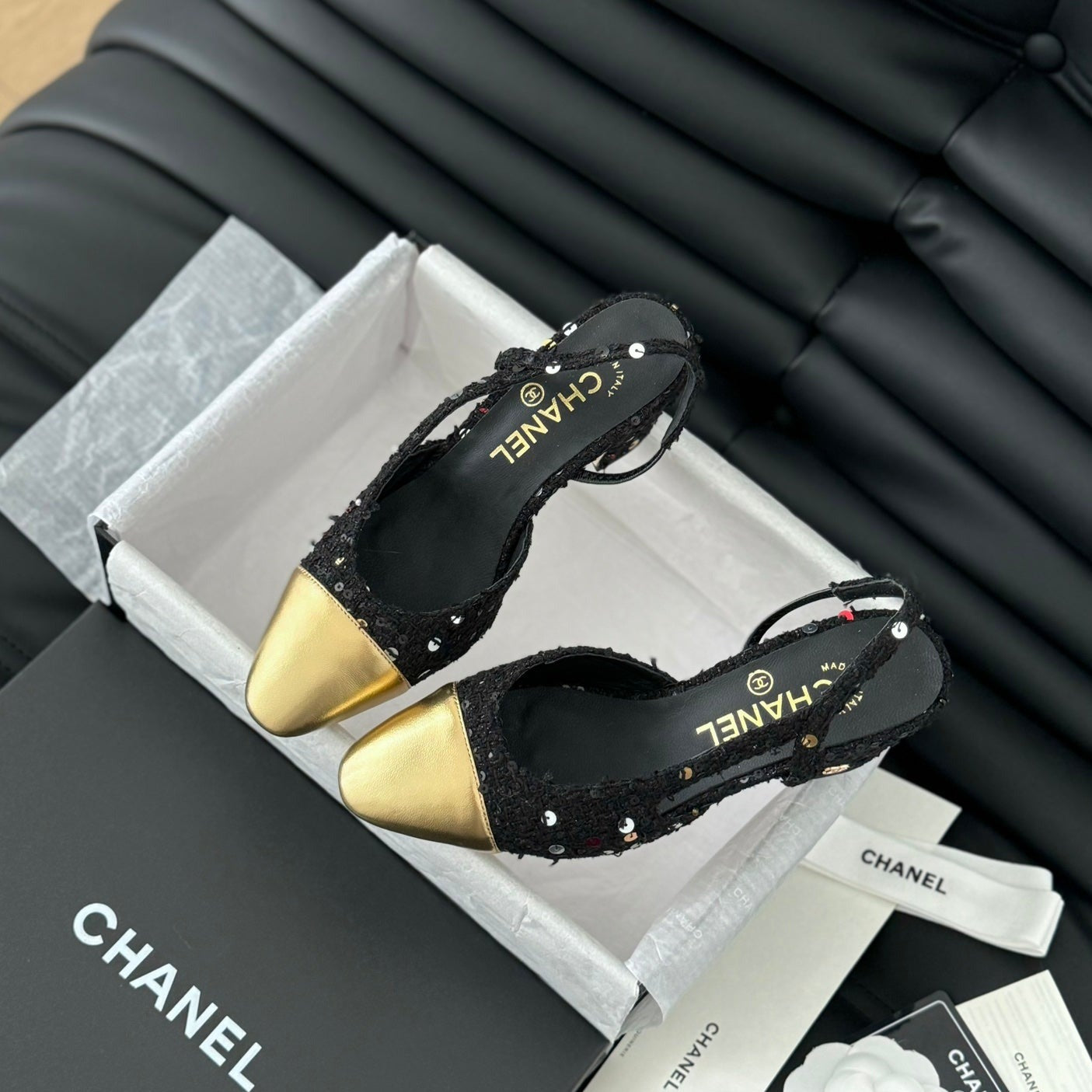 CHANEL HIGH SLINGBACK IN BLACK TWEED AND GOLDEN LAMBSKIN