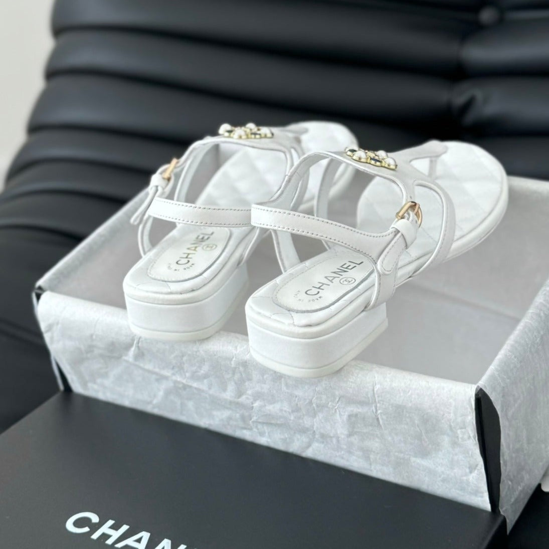 CHANEL Double C Classic One-Strap Sandals White Lambskin
