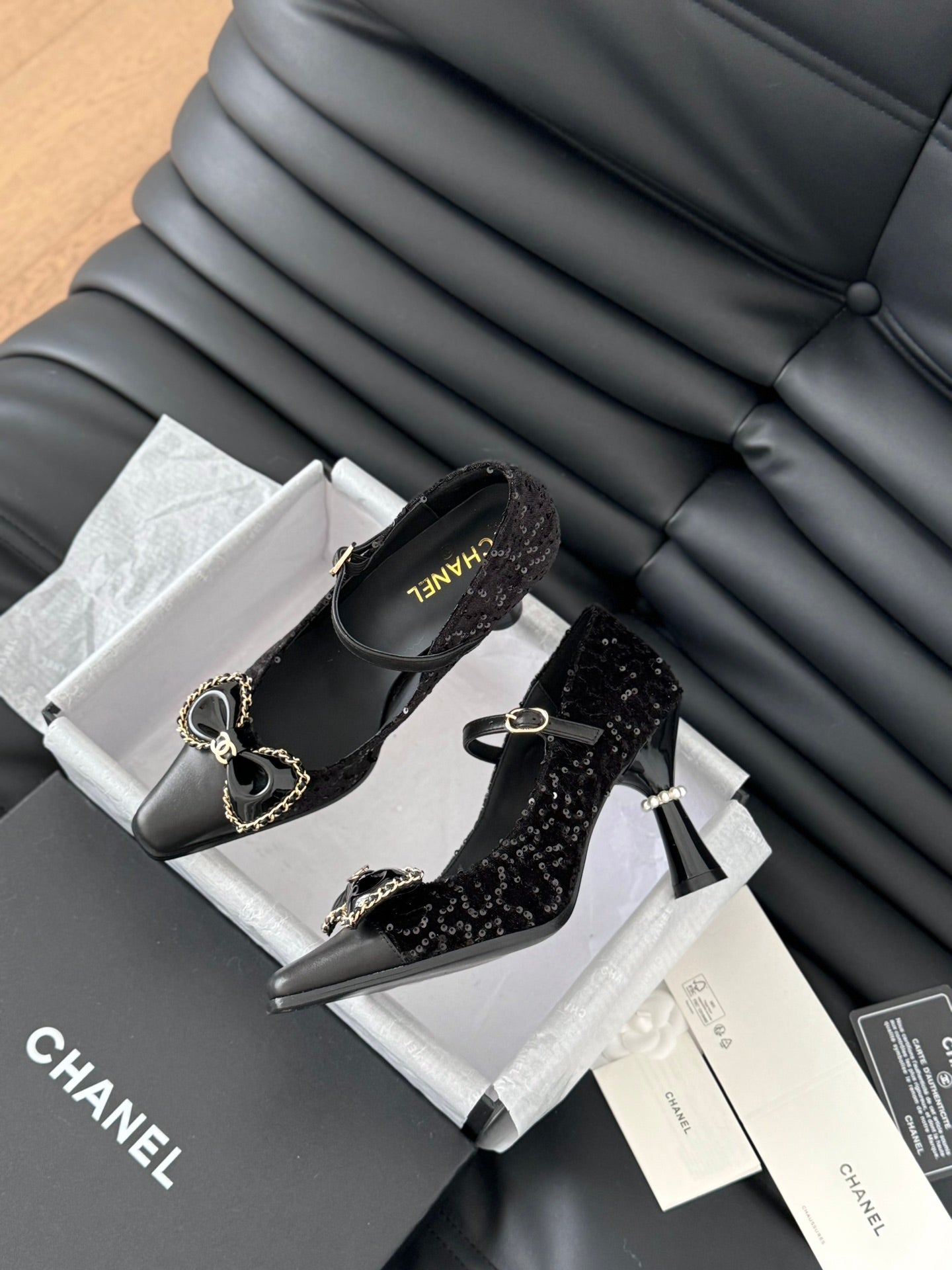 CHANEL POINTED TOE HIGH HEELS IN BLACK VELVET AND LAMBSKIN GOLD HARDWARE