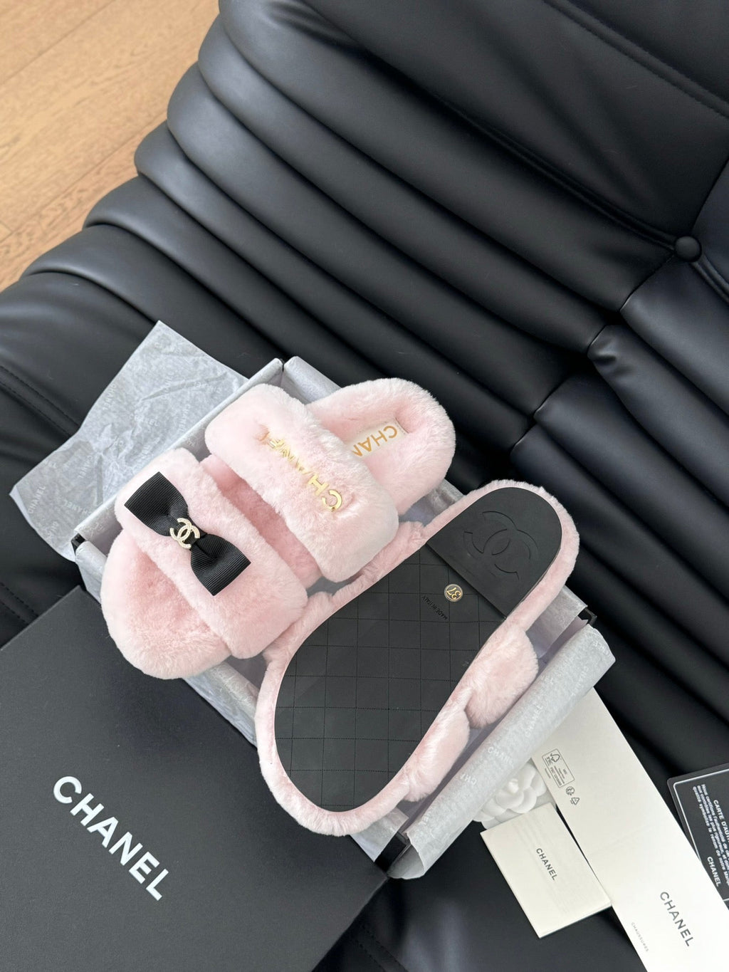 CHANEL DAD SANDAL MULE IN PASTEL PINK FLEECE WITH GOLD HARDWARE