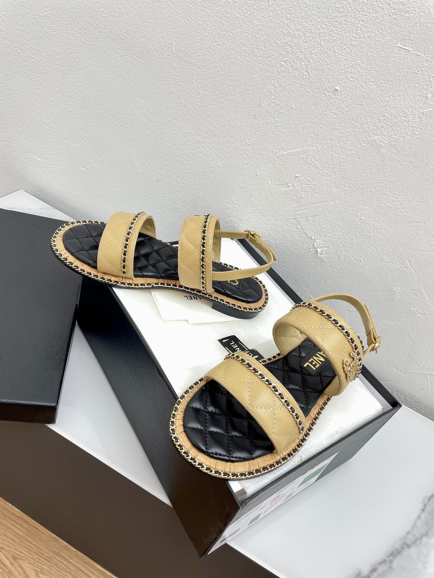 CHANEL DOUBLE STRAPS SANDALS IN YELLOW CREAM LAMBSKIN