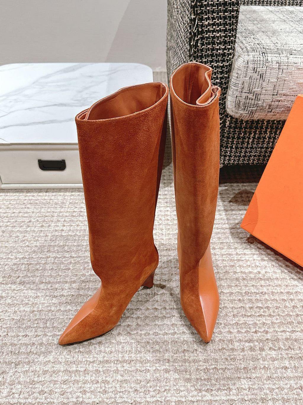 HERMES HILONA 6 CM BOOTS IN BRONZE BROWN CALFSKIN AND SUEDE