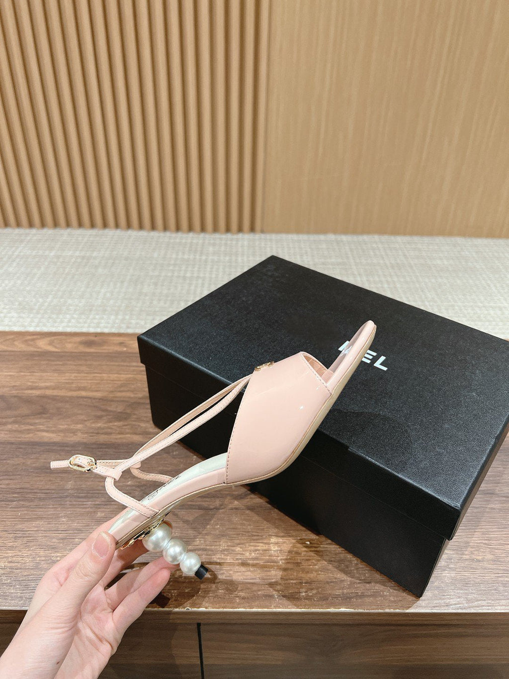 CHANEL high heel 70 sandals pink white patent calfskin