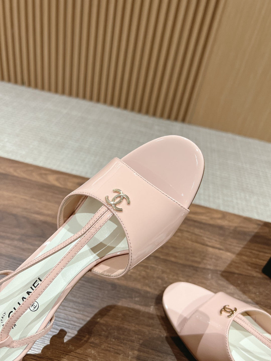 CHANEL high heel 70 sandals pink white patent calfskin