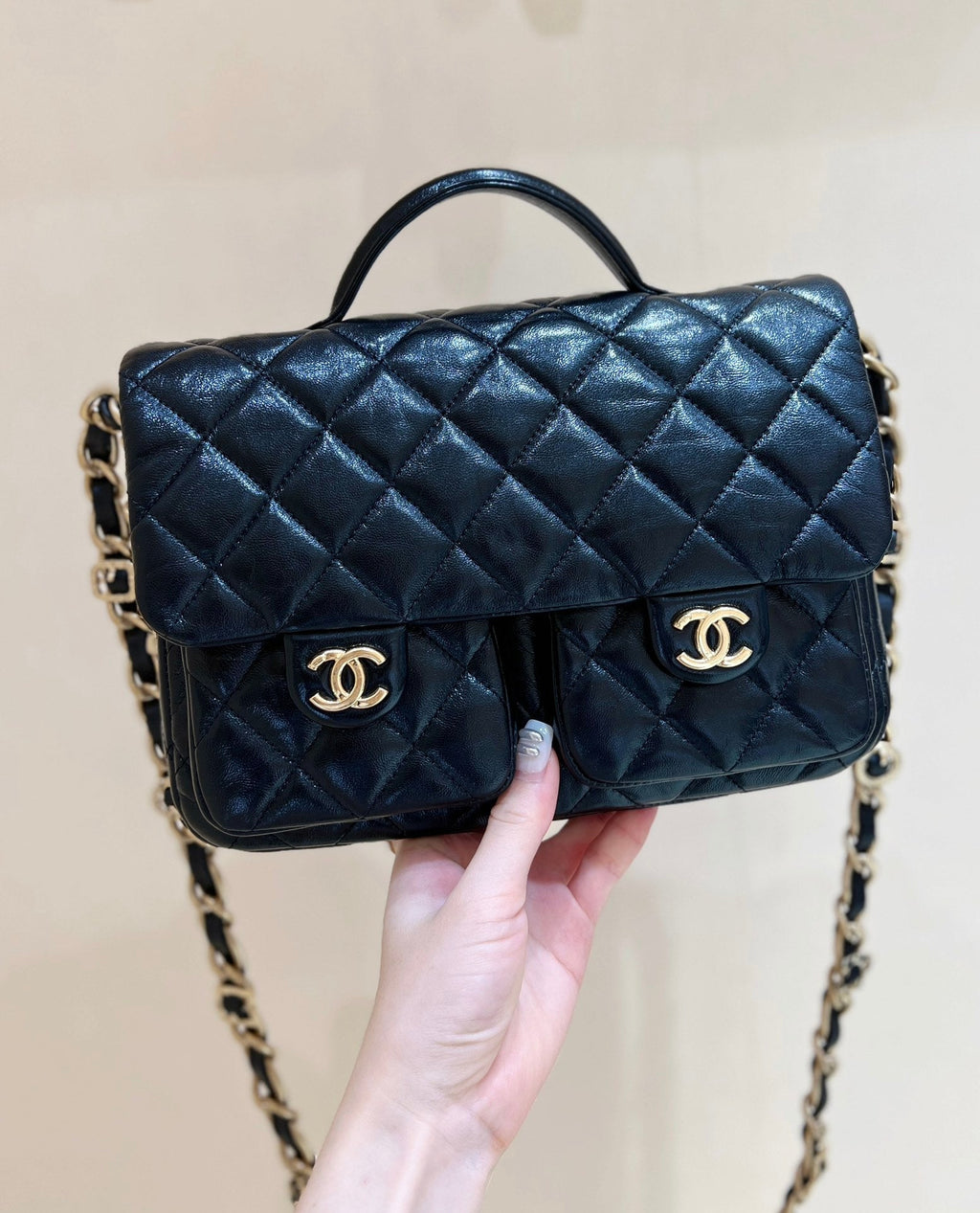 CHANEL DOUBLE POCKETS FLAP BAG TOP HANDLE 24 IN BLACK LAMBSKIN GOLD HARDWARE