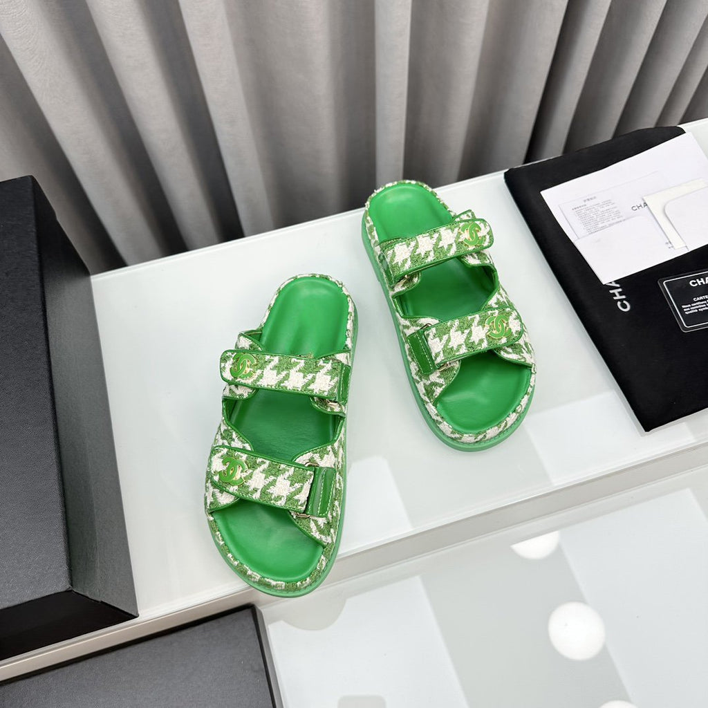 CHANEL dad sandals green white mules