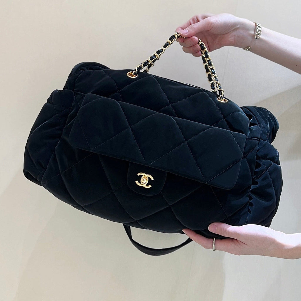 CHANEL HOBO 44 IN COCONEIGE BLACK NYLON VELVET GOLD HARDWARE