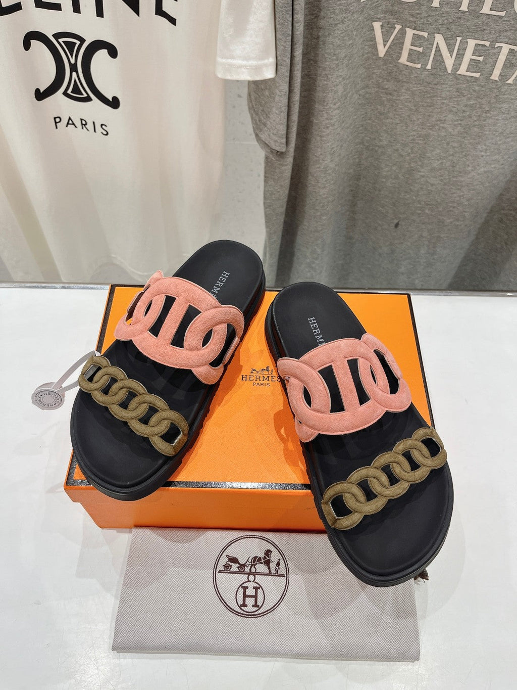 HERMES EXTRA SANDAL BLACK MIX PEACH MIX MOSS CALFSKIN